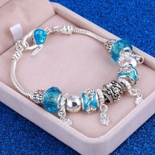 Sky Blue Glass Stone Heart Charm Beads Bracelets Silver Plated pulseira Round Crystal Link Bracelets for Women 2024 - buy cheap
