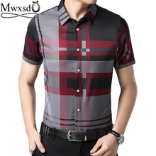 Mwxsd camisa casual masculina de verão xadrez vermelha, camisa masculina de manga curta com respiração social para homens, camisa masculina listrada 2024 - compre barato