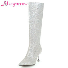 Lasyarrow Women's Winter Shoes Knee High Boots Plus Fur Big Size High Quality Sequined Brand Women Shoes Women Winter Boots F308 2024 - buy cheap