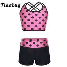 TiaoBug Kids Teens Polka Dots Dance Workout Crop Top with Shorts Tankini Set Girls Gymnastics Suits Children Sports Dance Wear 2024 - buy cheap