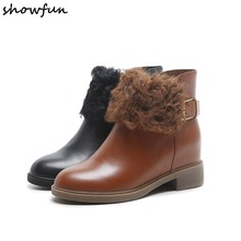 Women's Genuine Leather Ankle Buckle Winter Flats Ankle Boots Wool Cold Weather Waterproof High Quality Short Booties Shoes Sale 2024 - buy cheap