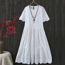 Free Shipping 2018 New Fashion Women Short Sleeve Cotton Lace White Summer Dresses Japan Style Long Mid-calf Dresses Embroidery 2024 - buy cheap