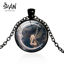 SIAN Fashion Fairy On Moon Necklace for Women Angel Elves Graceful Art Photo Glass Cabochon Handmade Necklaces Pendants Trinkets 2024 - buy cheap