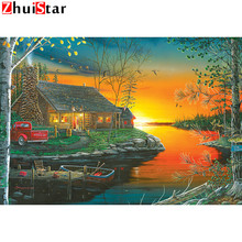 5D DIY full square diamond painting cross stitch lakeside cottage sunset diamond embroidery landscape mosaic home decoration XY1 2024 - buy cheap