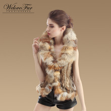 2017 Women Genuine Knitted Rabbit Fur Vest Fox Fur Collar Gilet Lady Natural New Rabbit Fur Waistcoats Winter Fur Jacket 2024 - buy cheap