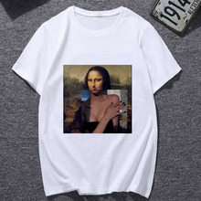 Camiseta de parodia de la Mona Lisa para mujer, remera divertida de moda con estampado de Harajuku con personalidad, playera informal de sección delgada, ropa para mujer 2024 - compra barato