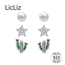 LicLiz-pendientes de plata de ley 925 con zirconia cúbica para mujer, aretes con forma de estrella, Perla blanca, cristal, oro blanco, Cactus, joyería LE0579 2024 - compra barato