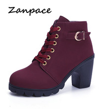 Зимние женские ботинки Zanpace 2018, европейские плюс бархатные леопардовые ботинки с принтом, Теплые ботильоны с круглым носком на высоком каблуке Botas Mujer 2024 - купить недорого