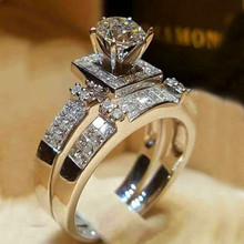 Conjunto de anillos redondos blancos de cristal para mujer, sortija de compromiso de Color plateado de lujo, anillos de boda nupciales Vintage para mujer 2024 - compra barato