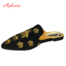 Aphixta sapatos femininos da moda, chinelos de dedo baixo com bordado floral, sapatos pretos para mulheres 2024 - compre barato