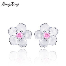 RongXing Stunning Pink/Purple Birthstone Cherry Flower Stud Earrings For Women Silver Filled AAA Zircon Double Earrings Jewelry 2024 - buy cheap