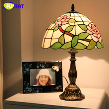 FUMAT Stained Glass Table Lamp Pink /Blue Roses Glass Art Lamp European Desk Lamp Abajur de Mesa Bedside Light Fixtures Lamps 2024 - buy cheap