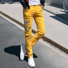 Модные уличные мужские джинсы, облегающие розовые, желтые, зеленые, эластичные панковские брюки в стиле хип-хоп, джинсы с вышивкой, мужские джинсы 2024 - купить недорого