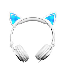 Fone de ouvido de gato dobrável, fofo, com fio, estéreo, com led, para samsung, iphone, pc, presente de aniversário 2024 - compre barato