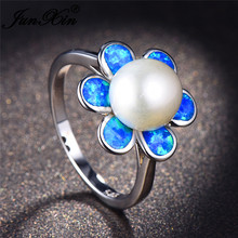 Junxin anel feminino com margaridas, de pérola cor prata azul opala de fogo, anéis para casamento feminino, planta flor anel de dedo 2024 - compre barato