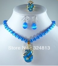 Gran venta> nuevo collar de ópalo azul colgante de cristal conjunto de anillo y pendientes #1036-joyería de novia envío gratis 2024 - compra barato