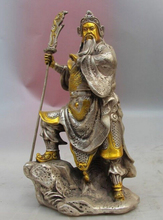 Bi002130 china estátua de espada de dragão branca de cobre prata guerreiro guan gong yu buda suporte 2024 - compre barato