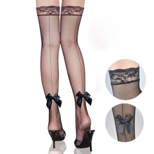 Women Sexy Bow Knot Fishnet Stockings Sheer Straps Lace Mesh Thigh High Knee High Stockings Fashion Over The Knee Socks 2024 - buy cheap