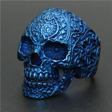 Cool moda flor azul de la cabeza del cráneo anillo 316L de acero inoxidable estilo de motorista fantasma anillo de calavera 2024 - compra barato