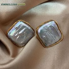 2018 NEW Design Hand made winding gray grey big size Baroque pearl golden color flat block square real pearls stud earrings 2024 - buy cheap