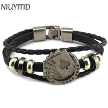NIUYITID Vintage Men Leather Bracelet Playing Cards Accessories Charm Bracelet Jewelry For Female Homme Black Braided Rope 2024 - buy cheap