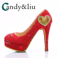 Mulheres de luxo sapatos de casamento tamanho grande pérolas de cristal vermelho pedras preciosas bombas para noiva feito à mão dedo do pé redondo saltos finos strass 2024 - compre barato