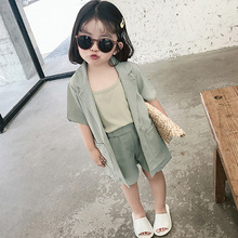 Conjunto de macacão feminino 2-3-4 5-6 anos, conjunto coreano de manga curta com jaqueta e shorts, 3 peças, roupa para crianças verão 2019 2024 - compre barato