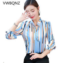 Женские блузки 2020 Модная рубашка с длинным рукавом и v-образным вырезом в полоску элегантная тонкая женская офисная блузка рубашка повседневные топы плюс размер 5XL 2024 - купить недорого