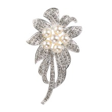 2.3" Sparkly Silver Plated Clear CZ Rhinestone Crystal Metal Brooch with Ivory Pearl 2024 - buy cheap