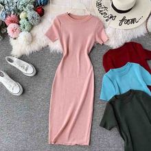 2019 Women Summer Elasticity Knitted Dress Vintage O Neck Solid Short sleeve Bodycon Dress Ladies Knee-length Bottoming Vestidos 2024 - buy cheap