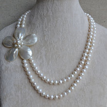 Encantadora joyería de perlas reales, collar de perlas de agua dulce de Color blanco de 2 filas de 7-8mm, collar de flores de concha hecho a mano 2024 - compra barato