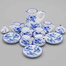 Odoria 1:12 Miniature 15PCS Blue China Porcelain Tea Cup Set Retro Ceramic Tableware Teapot Kitchen Dollhouse Accessories Decor 2024 - buy cheap