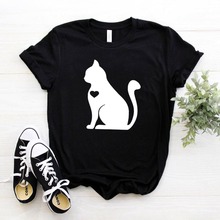 Camiseta de algodão feminina gato com coração, camiseta casual hipster engraçada presente feminino e feminino engraçado 2024 - compre barato