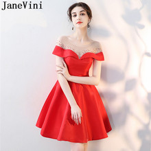JaneVini Sexy ilusión cuello con cuentas corto vestidos de fiesta Mini Formal desgaste rojo satén dama de honor vestidos chica boda fiesta 2018 2024 - compra barato