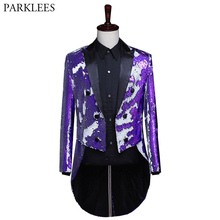 Purple Sequins Tuxedo Tailcoat Blazer Men Glitter Mens Party Wedding Groom Prom Dress Blazers tage Singer Host Dance DJ Costumes 2024 - buy cheap