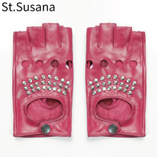 New women summer Fashion Five-finger half palm sexy pole dancing driving fingerless rivet backless leather gloves Mittens 2024 - buy cheap