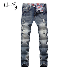 Мужские рваные джинсы HMILY, прямые зауженные Стрейчевые брюки темно-синего цвета с принтом, молодежная модель на весну 2024 - купить недорого