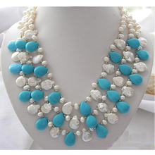 Perfect Wedding Birthday Pearl Jewellery,Fashion Women Party Gift,3Rows White Rice,Coin Pearls Drip Turquoises Necklace 2024 - buy cheap