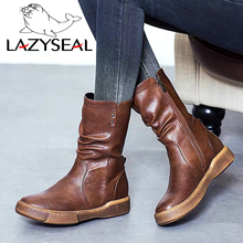 Сапоги LazySeal женские до середины икры, кожаные ботинки на молнии, на плоской подошве, мотоциклетные ботинки в стиле милитари, Размеры 35-43, зимняя обувь 2024 - купить недорого