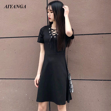 Vestido negro de manga corta para mujer, prenda ajustada con cuello de pico y cordones, envío gratis, 2019 2024 - compra barato