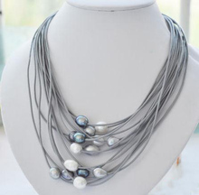 Elegant Handmade Real Pearl Jewelry 15 Rows 13mm White Black Rice Freshwater Pearl Gray Leather Necklace 20'' Magnet Clasp 2024 - buy cheap