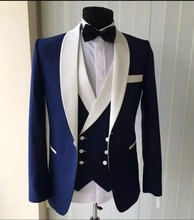 Newest Groomsmen Light Navy Blue Groom Tuxedos Shawl Ivory Lapel Men Suits Wedding Best Man Blazer ( Jacket+Pants+Tie+Vest )C397 2024 - buy cheap