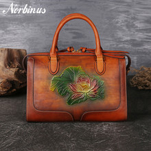 Norbinus, 100% натуральная кожа, сумка через плечо с рисунком лотоса, сумка-тоут из натуральной кожи, женские сумки с верхней ручкой, сумка с тиснением 2024 - купить недорого