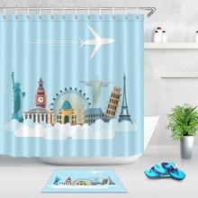 LB-cortina de ducha con diseño de avión para niños, tela impermeable con diseño divertido de Arquitectura de viaje, color blanco, paisaje azul claro, para decoración de baño 2024 - compra barato