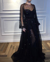 Black Muslim Evening Dresses 2019 A-line Long Sleeves Tulle Crystals Elegant Islamic Dubai Saudi Arabic Long Formal Evening Gown 2024 - buy cheap