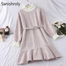 Sanishroly vestido xadrez feminino de outono 2018, com faixas de cintura alta e manga longa, vestido de trompete para mulheres se316 2024 - compre barato