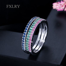 Fxlry anel de pedras cz feminino, 3 peças de cores mistas, conjunto de anéis de casamento, ouro rosa, joia de moda 2024 - compre barato