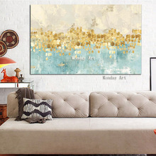 Arte de Oro Abstracto pintado a mano de alta calidad, cuadro de pared azul, lienzo dorado hecho a mano, pintura al óleo para decoración del hogar 2024 - compra barato