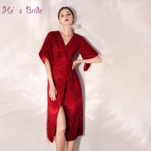 He's Bride  New Noble Wine Red Cocktail Dress Deep V-neck Sexy Elbow Sleeve Zipper Back Formal Party Gown Robe De Soiree 2024 - buy cheap
