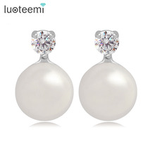 LUOTEEMI Simple and Elegant Stud Earrings with Single Cubic Zirconia Small Earrings Imitation Pearl Earrings White Gold-Color 2024 - buy cheap